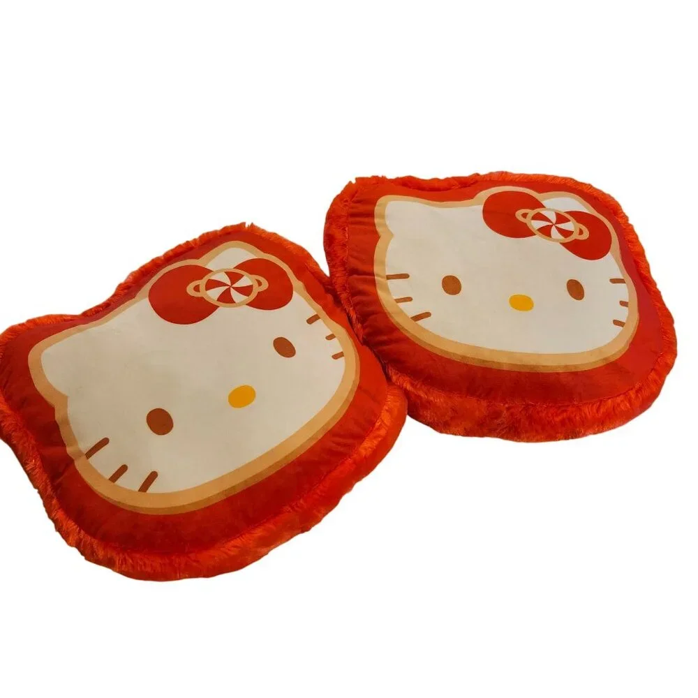 Set of 2 Sanrio Hello Kitty Red Faux Fur Decorative Pillows 14x14 Peppermint Bow